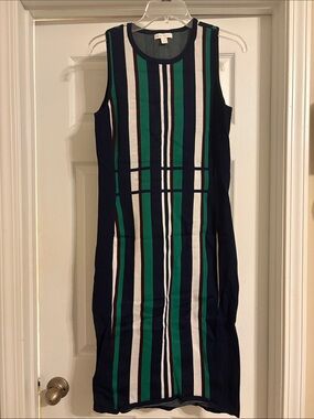 New York & Company Navy, Green, White & Black Striped Midi Dress